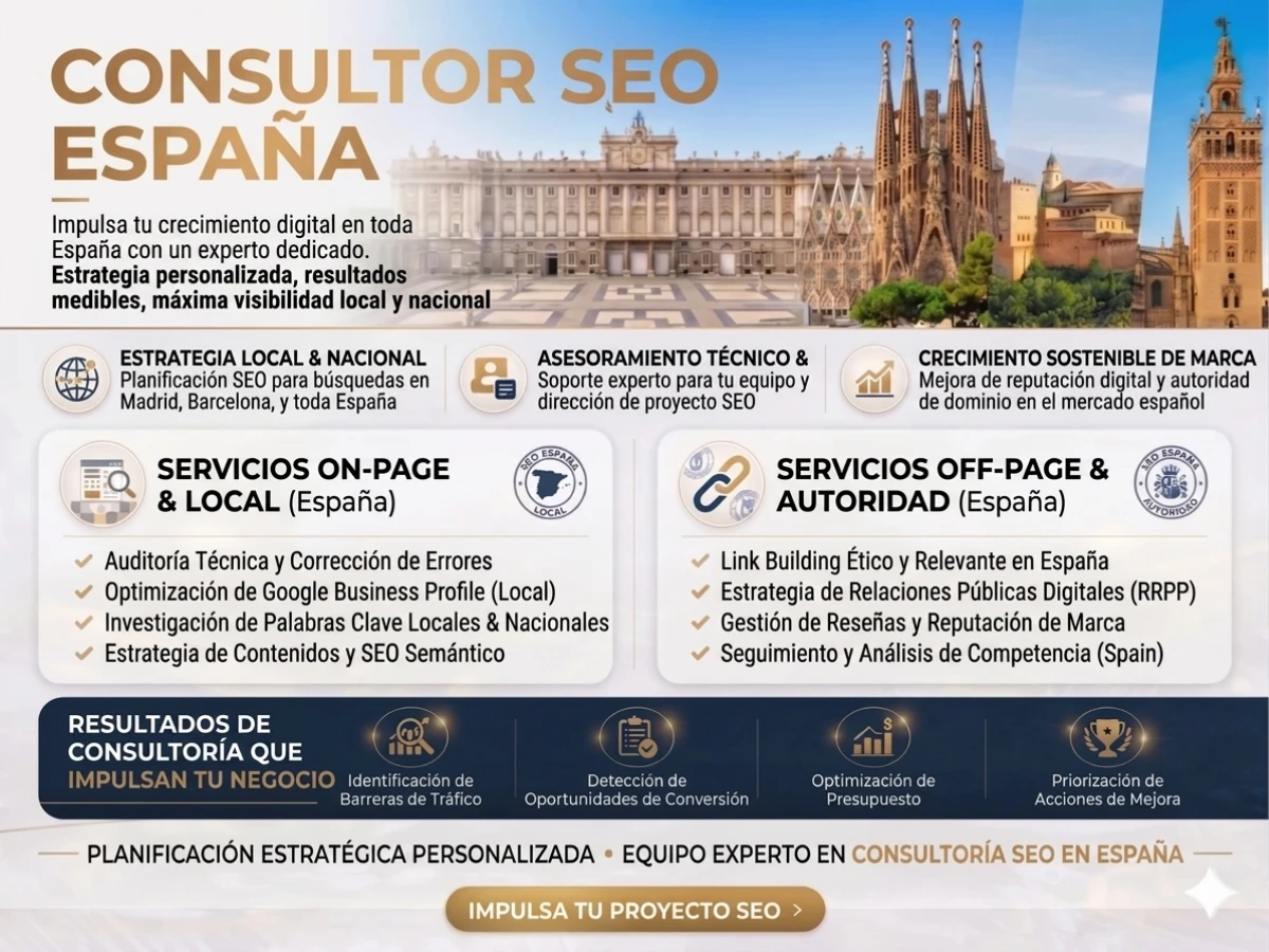 Infografía de servicios de un consultor SEO en España, destacando estrategias personalizadas on-page, off-page y asesoramiento técnico a nivel nacional.