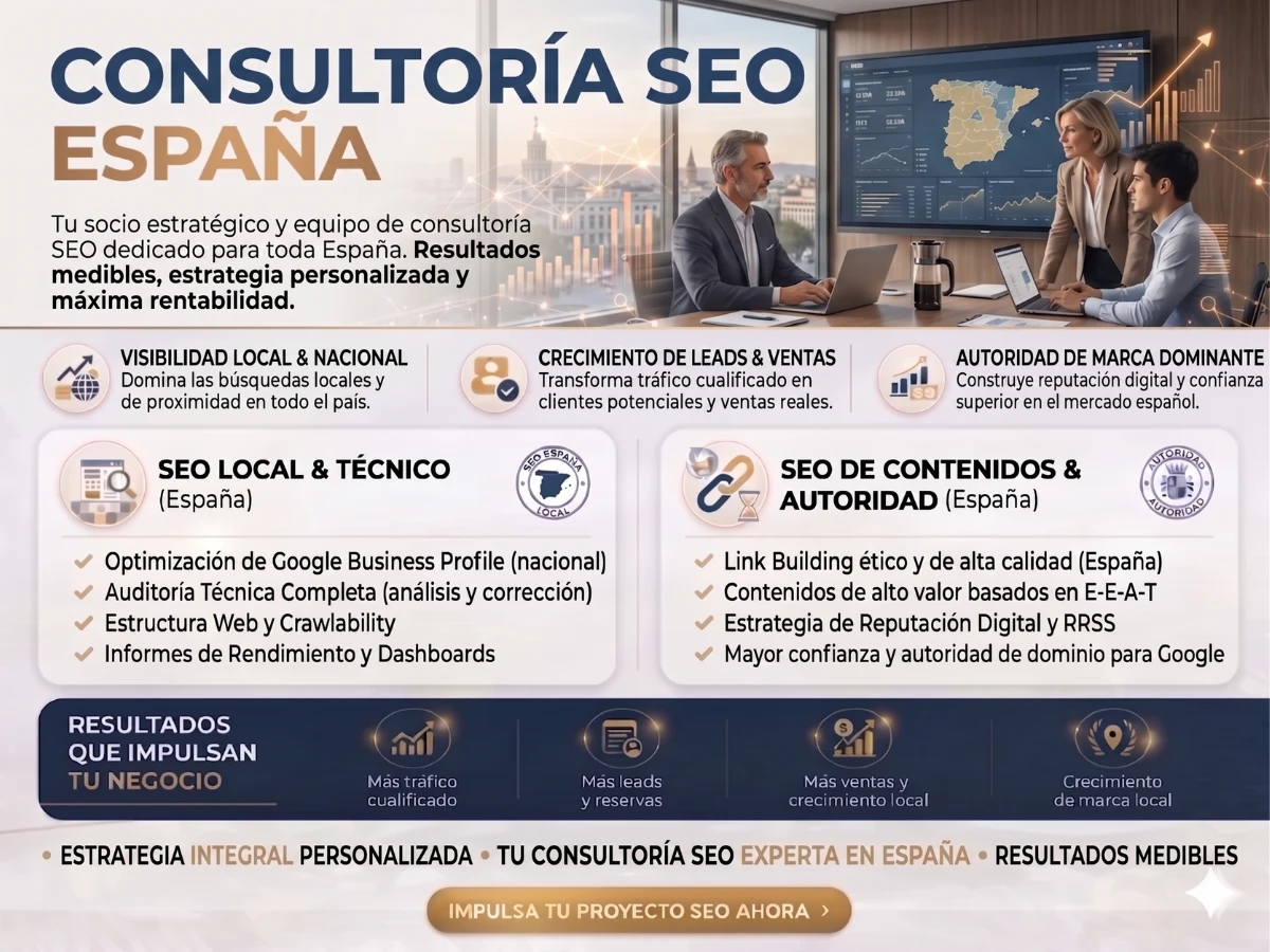Infografía sobre servicios de Consultoría SEO en España mostrando a un equipo de expertos analizando métricas de posicionamiento web en una oficina moderna.