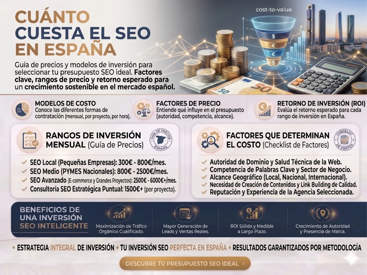 Infografía explicativa sobre cuánto cuesta el SEO en España, detallando modelos de precios, factores que determinan el presupuesto y rangos de inversión mensual por tipo de negocio.