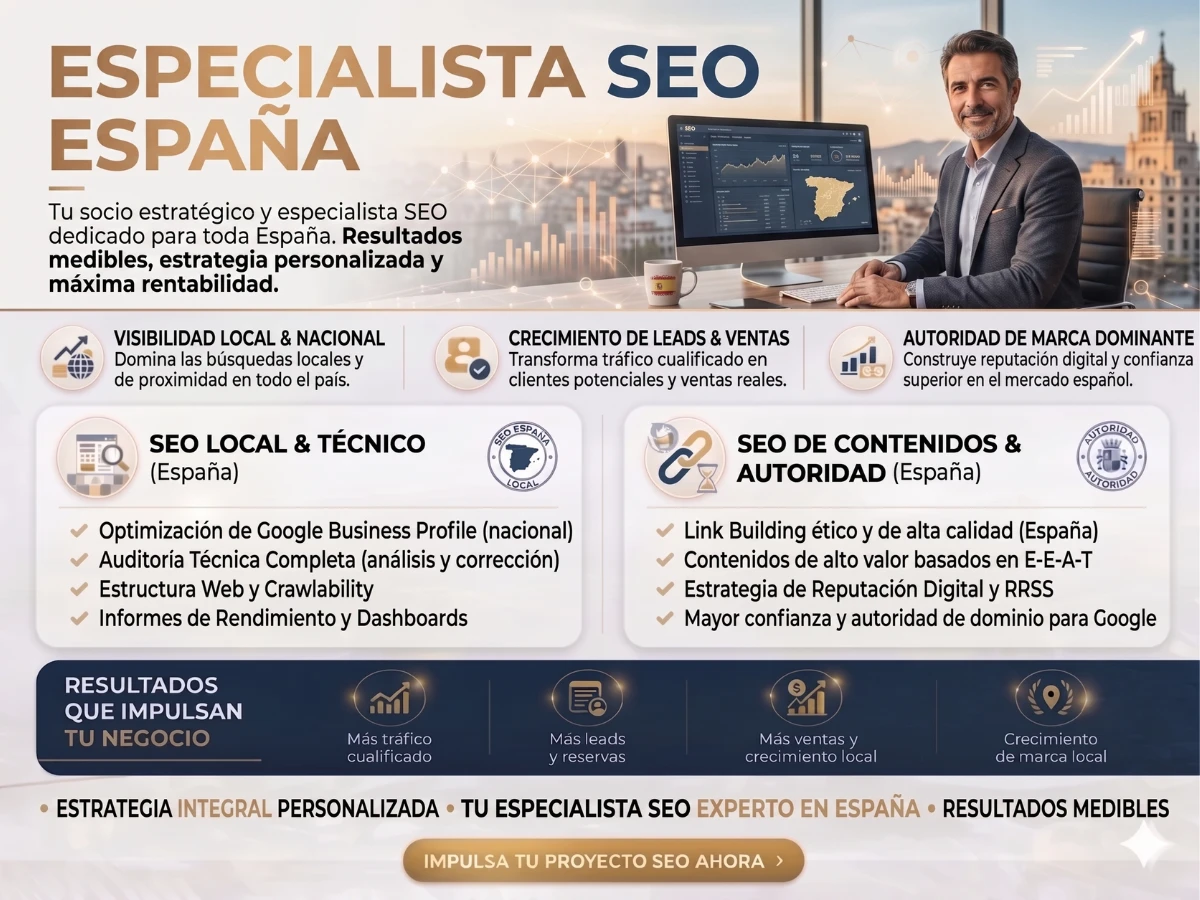 Infografía profesional titulada "ESPECIALISTA SEO ESPAÑA" que muestra a un hombre de negocios en una oficina moderna con vistas a Madrid, frente a un ordenador con paneles de datos de SEO. El gráfico detalla servicios integrales como SEO Local y Técnico, SEO de Contenidos y Autoridad, y crecimiento de leads.