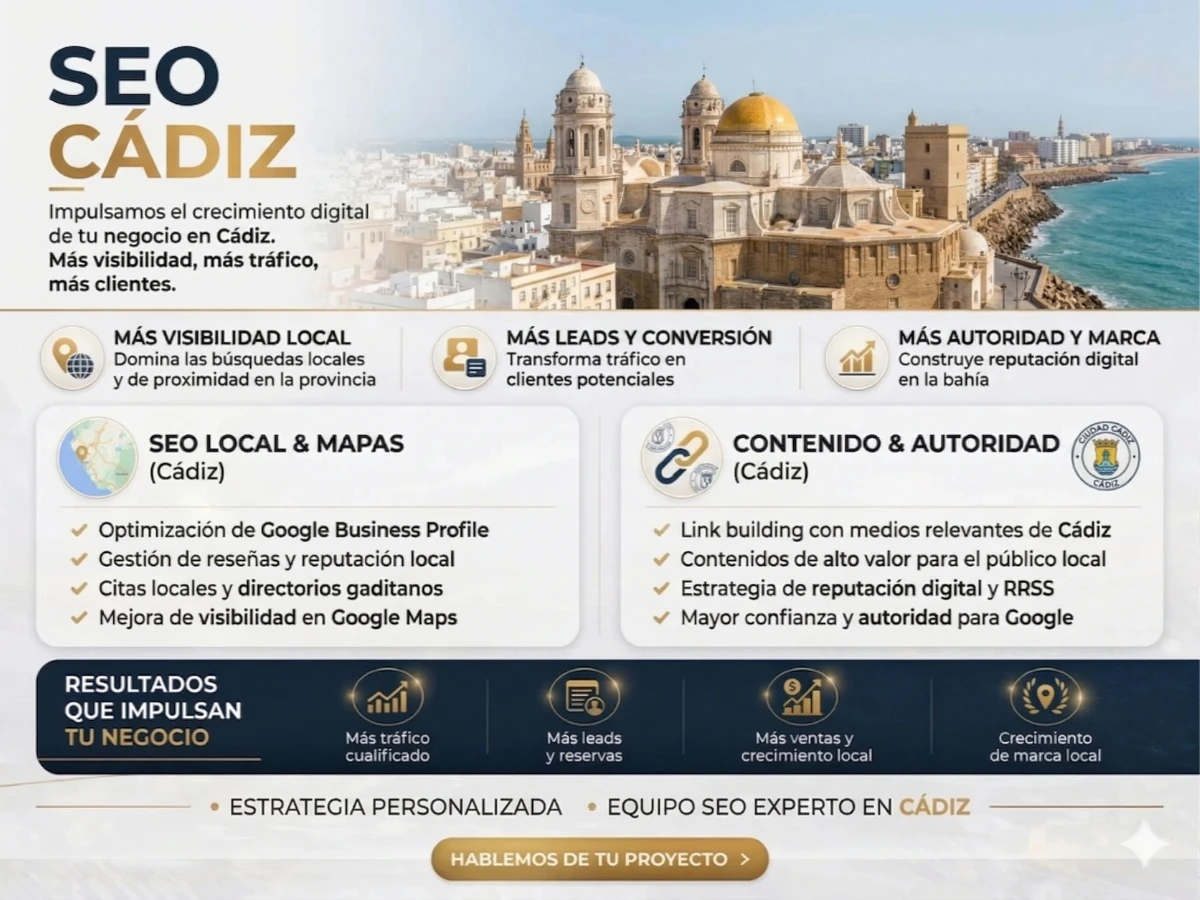 Infografía SEO de Cádiz con datos de visibilidad, tráfico orgánico y posicionamiento web.