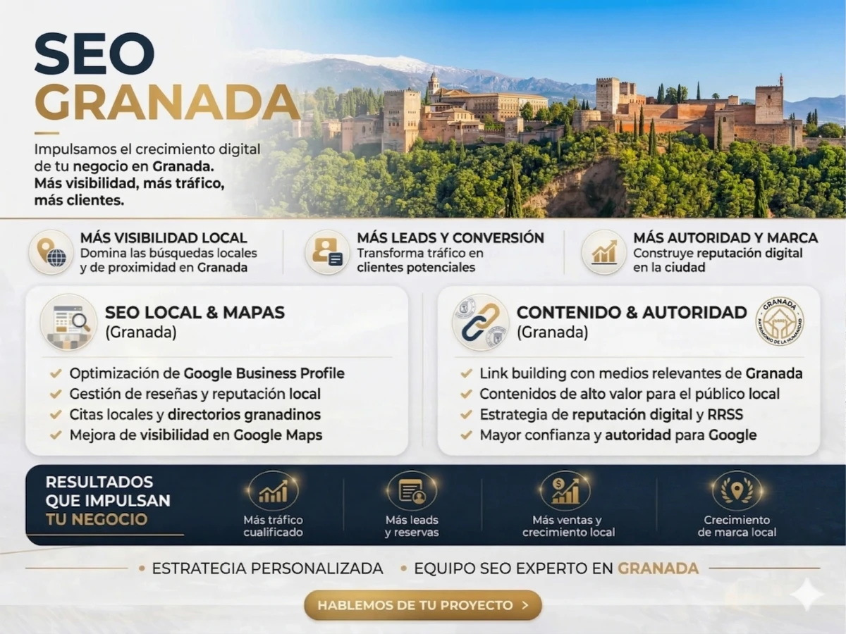 Infografía SEO de Granada con datos de visibilidad, tráfico orgánico y posicionamiento web.