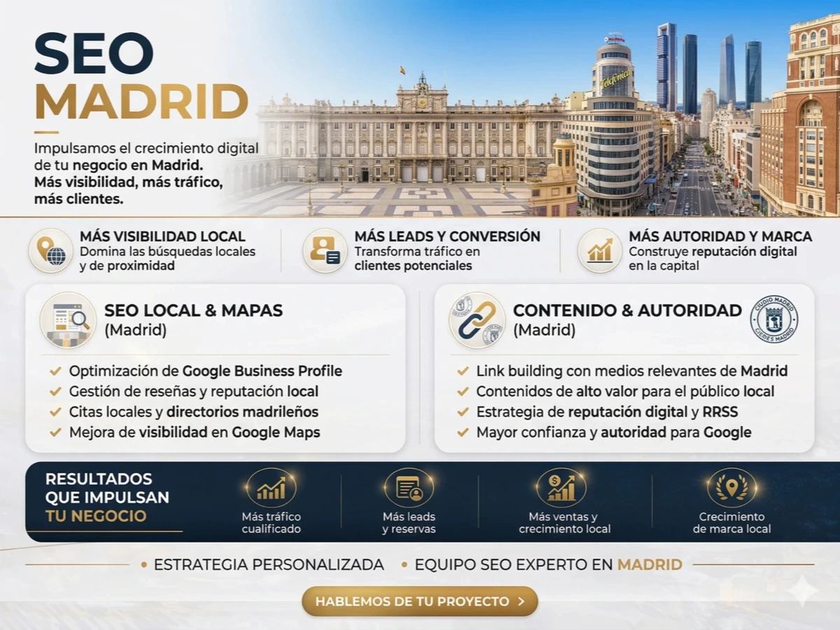 Infografía SEO de Madrid con datos de visibilidad, tráfico orgánico y posicionamiento web.
