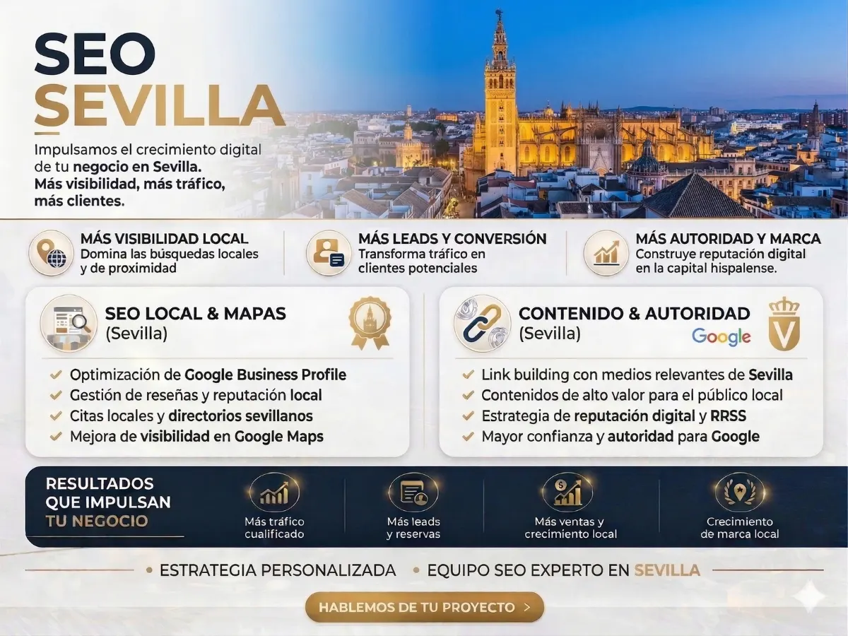 Infografía SEO de Sevilla con datos de visibilidad, tráfico orgánico y posicionamiento web.