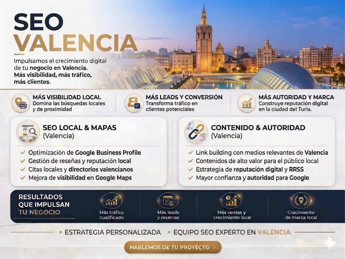 Infografía SEO de Valencia con datos de visibilidad, tráfico orgánico y posicionamiento web.