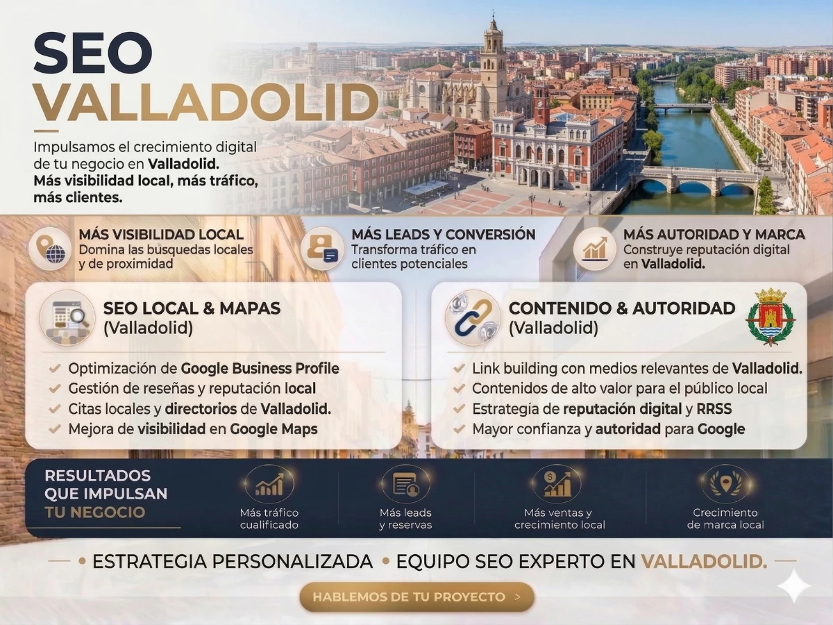 Infografía SEO de Valladolid con datos de visibilidad, tráfico orgánico y posicionamiento web.