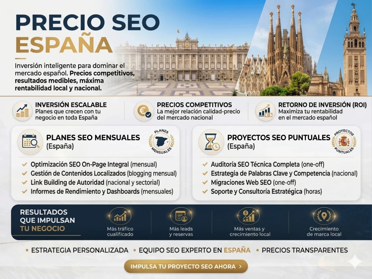 Infografía explicativa sobre el precio del SEO en España, detallando opciones de planes mensuales y proyectos puntuales para maximizar el retorno de inversión.