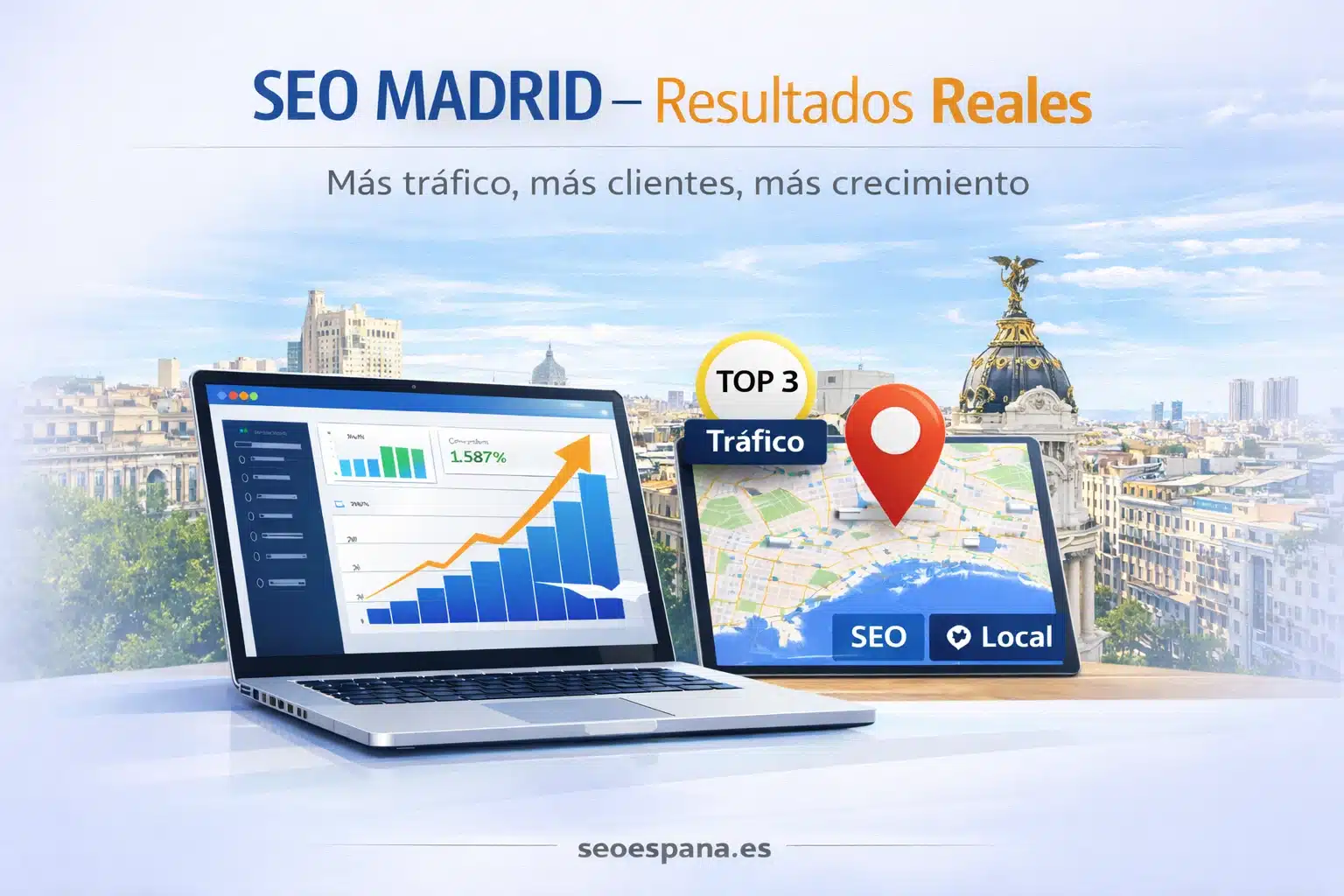 SEO en Madrid con resultados reales mostrando crecimiento de tráfico, clientes y posicionamiento local