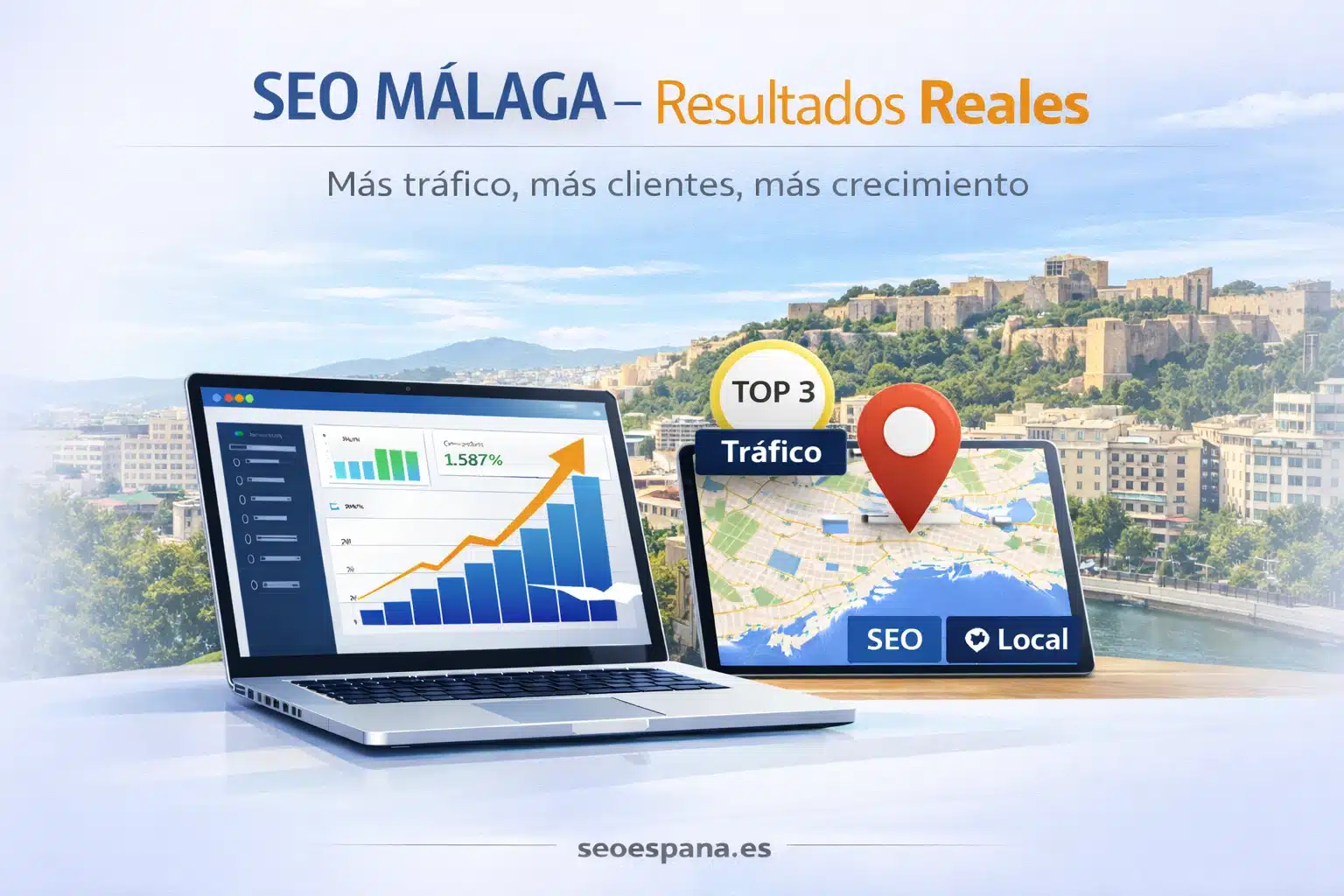 SEO en Málaga con resultados reales mostrando crecimiento de tráfico, clientes y posicionamiento local