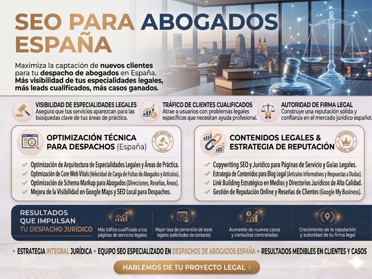 Infografía sobre servicios de SEO para abogados en España. Muestra un despacho legal moderno con una balanza de la justicia digital y detalla estrategias de optimización web, contenidos jurídicos y captación de clientes para bufetes.