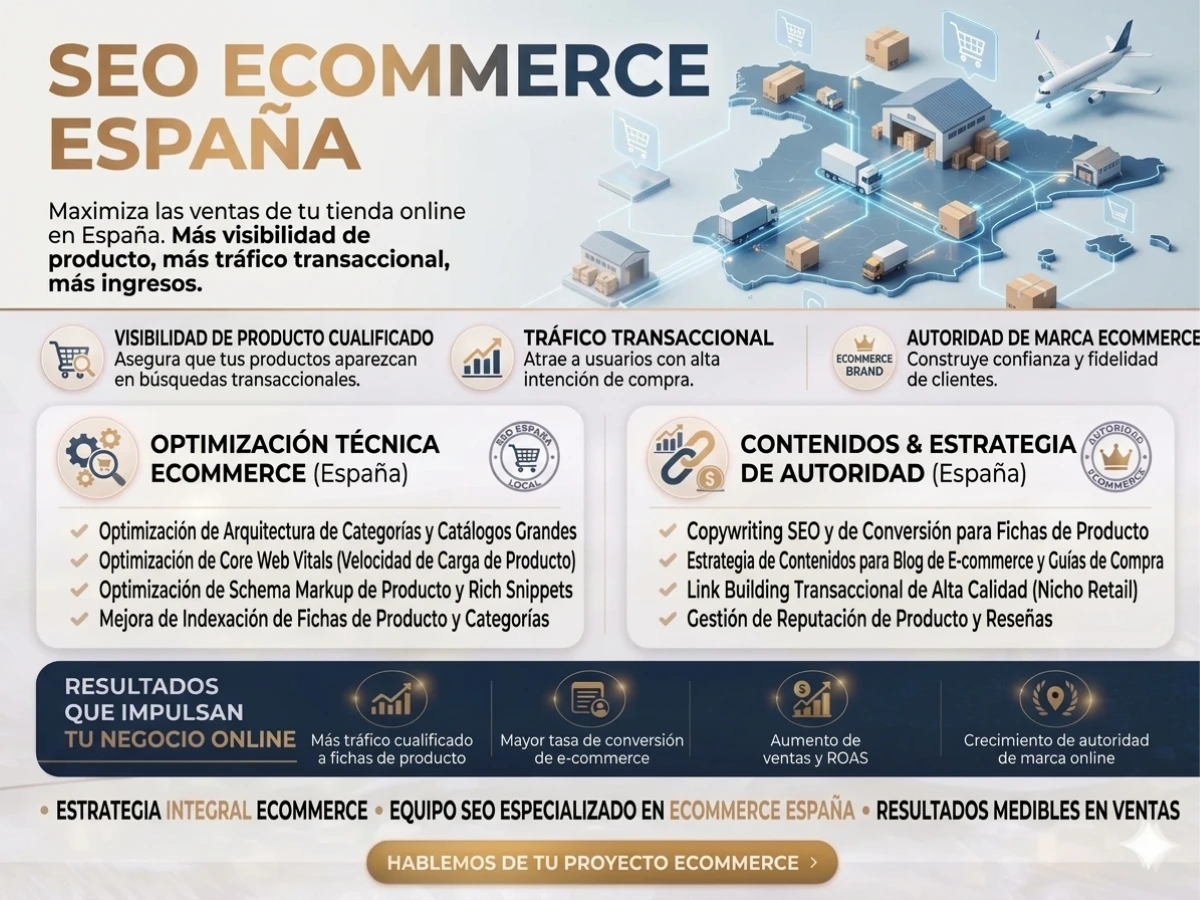 Infografía sobre estrategias de SEO para ecommerce en España. Ilustra un mapa logístico 3D y detalla técnicas de optimización de tiendas online, aumento de tráfico transaccional y mejora de conversiones.