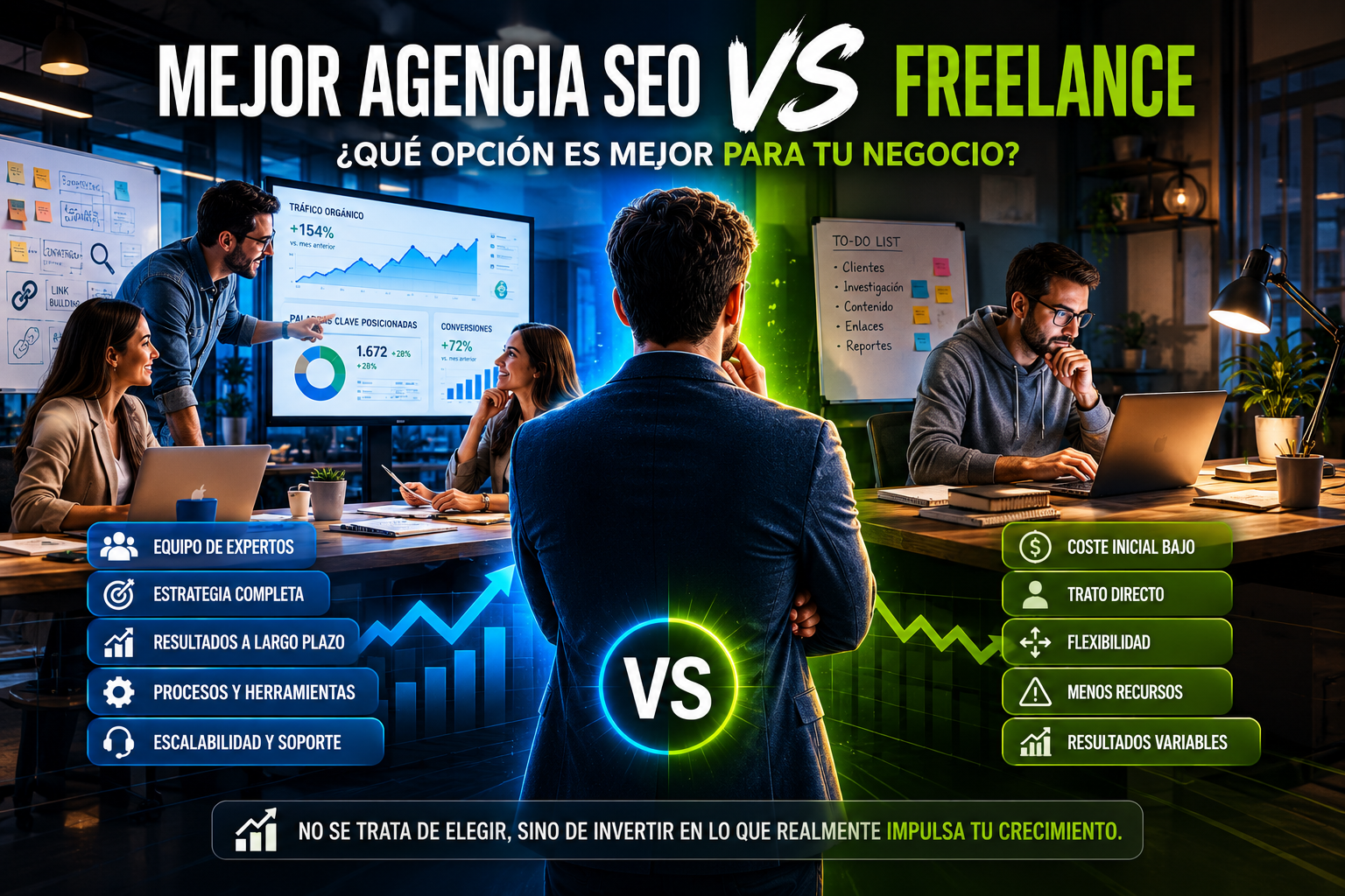 Mejor Agencia SEO vs Freelance SEO comparativa para elegir la mejor opción de posicionamiento web para empresas.