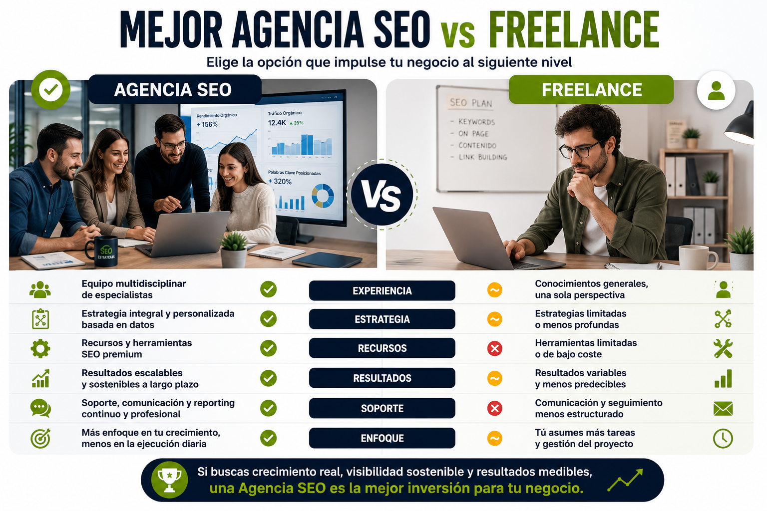 Comparación entre Agencia SEO y Freelance SEO para estrategias de posicionamiento web y crecimiento empresarial.