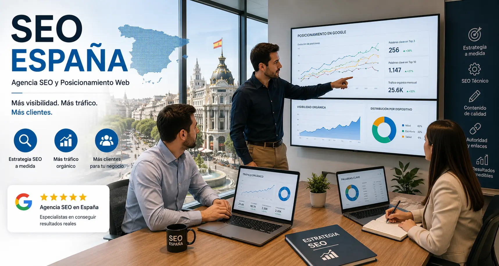 SEO en España mostrando estrategia de posicionamiento web, análisis SEO y crecimiento de tráfico orgánico en Google.