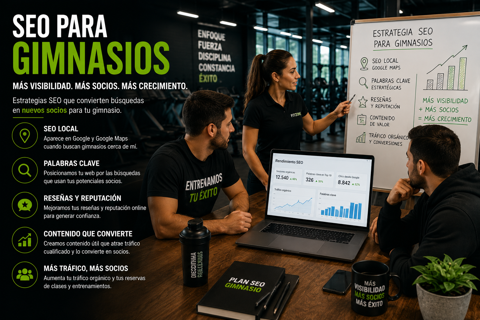 Equipo de gimnasio desarrollando una estrategia de SEO para gimnasios con análisis de tráfico web, SEO local y captación de nuevos socios.