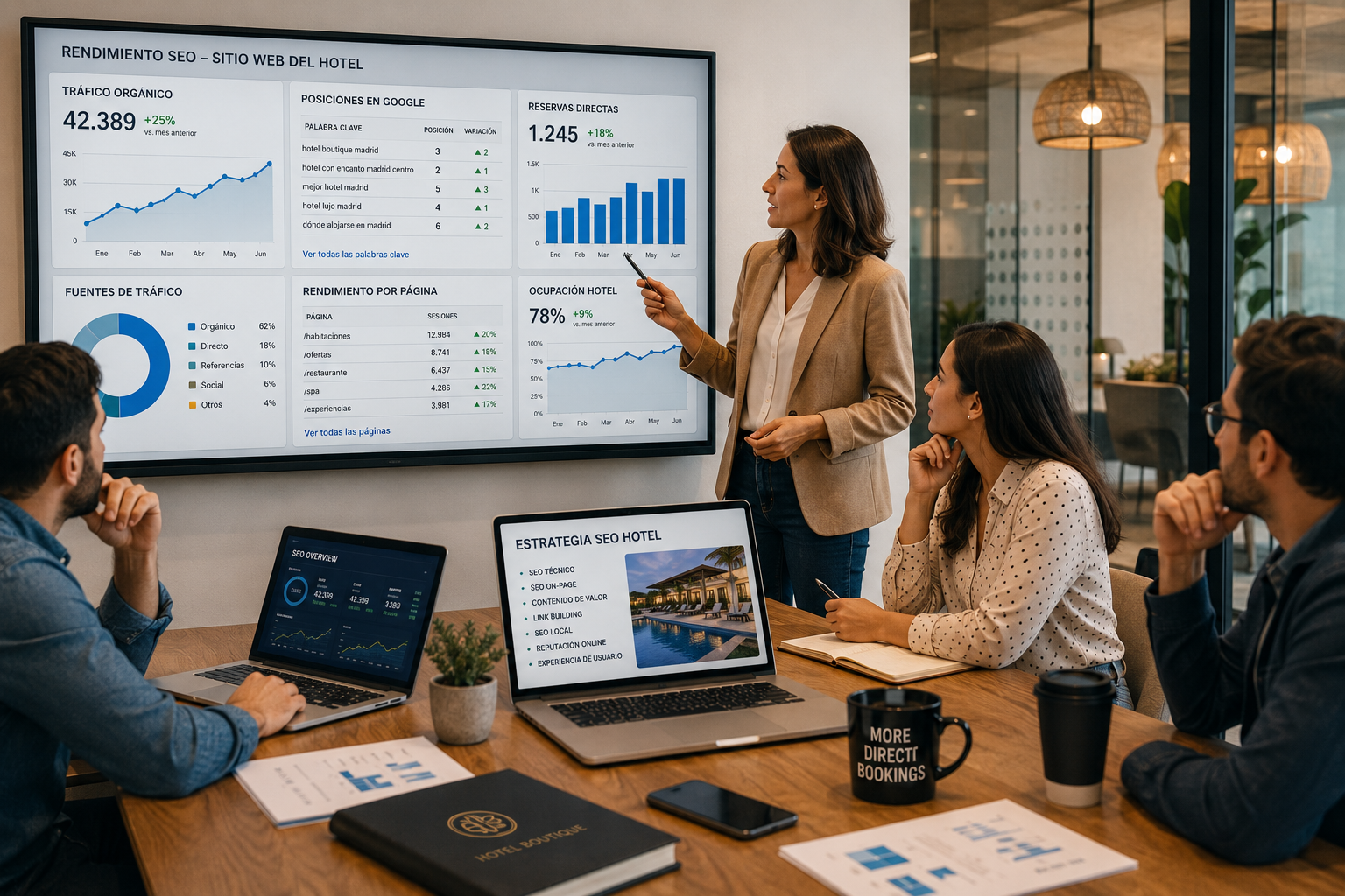 Equipo de marketing hotelero analizando una estrategia de SEO para hoteles con métricas de tráfico orgánico, reservas directas y posicionamiento en Google.