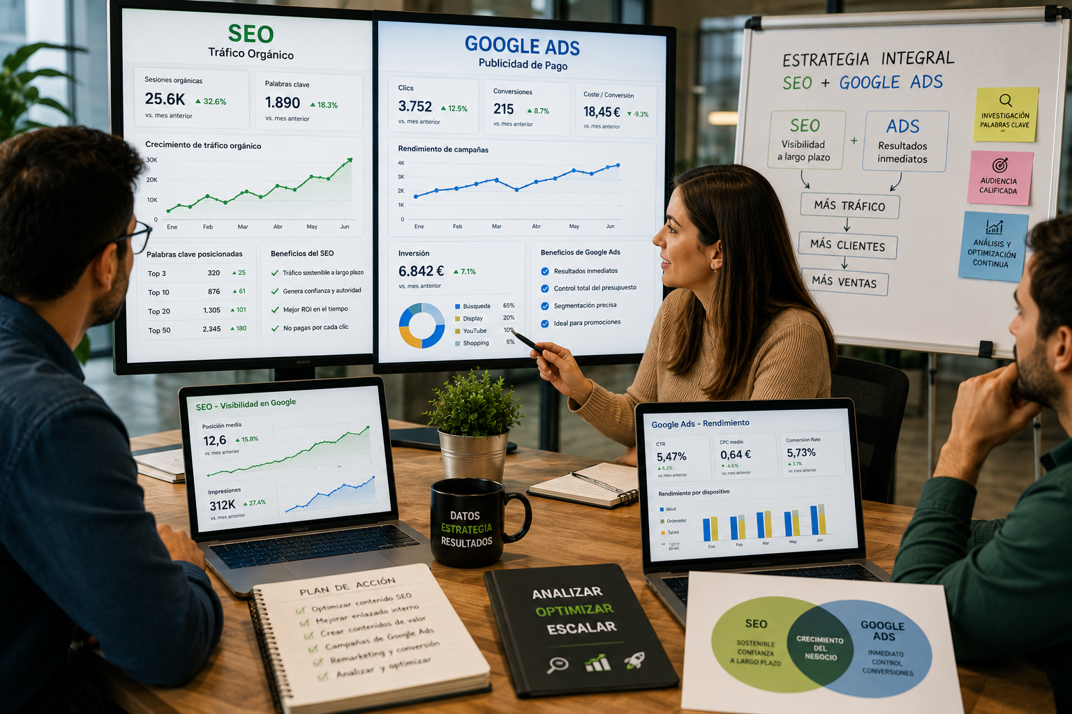 Equipo de marketing digital trabajando con SEO y Google Ads para aumentar tráfico web, conversiones y ventas online.