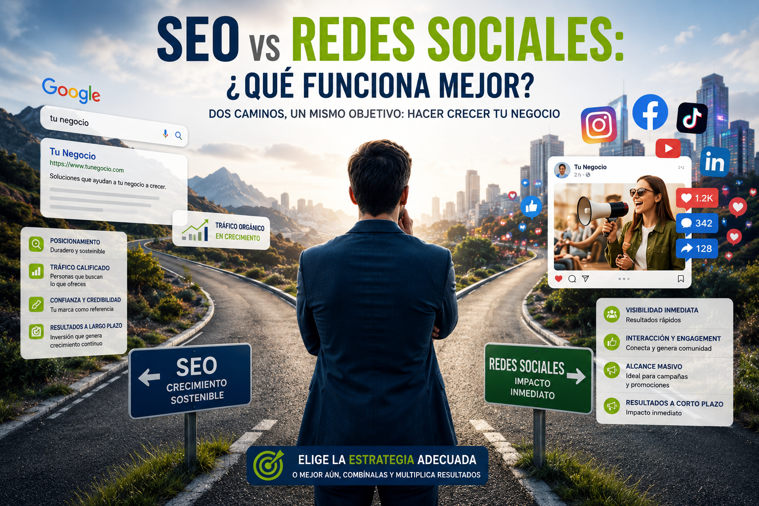 SEO vs Redes Sociales para empresas, comparativa entre posicionamiento web en Google y marketing en redes sociales para generar clientes.