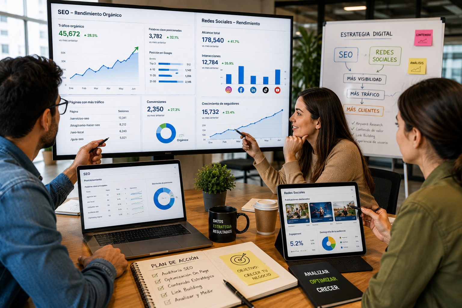 Equipo de marketing analizando SEO y Redes Sociales para mejorar el posicionamiento web y la estrategia digital empresarial.